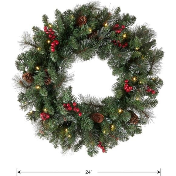 24 in Pre-Lit Crestwood Spruce Artificial Christmas Wreath - Picture 5 of 7